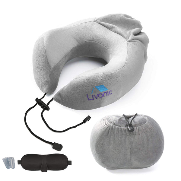 Memory Foam Airplane/Travel Neck Pillow With Free Sleep Mask, Ear Plugs, Convenient Travel Pouch