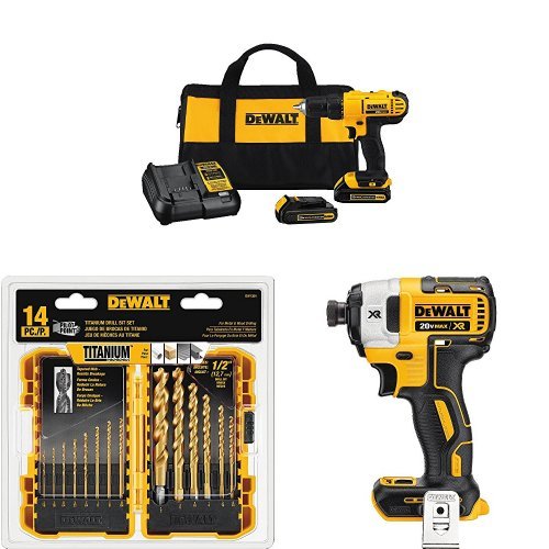 Dewalt 20V MAX Cordless Lithium-Ion 1/2 inch Compact Drill Driver Kit nd 14-Piece Titanium Drill Bit Set