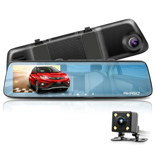 AKASO Mirror Dash Cam con visión nocturna, cámara de marcha atrás y monitor de estacionamiento