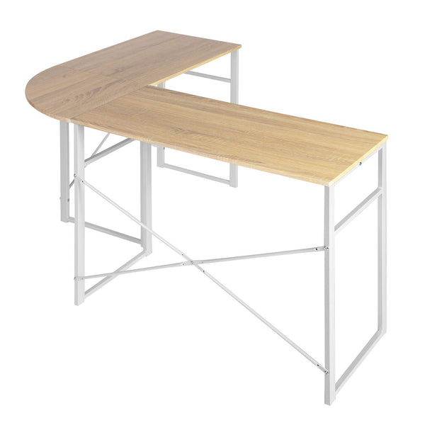 L-Shape Oak and White Finish Metal Wood Computer Desk