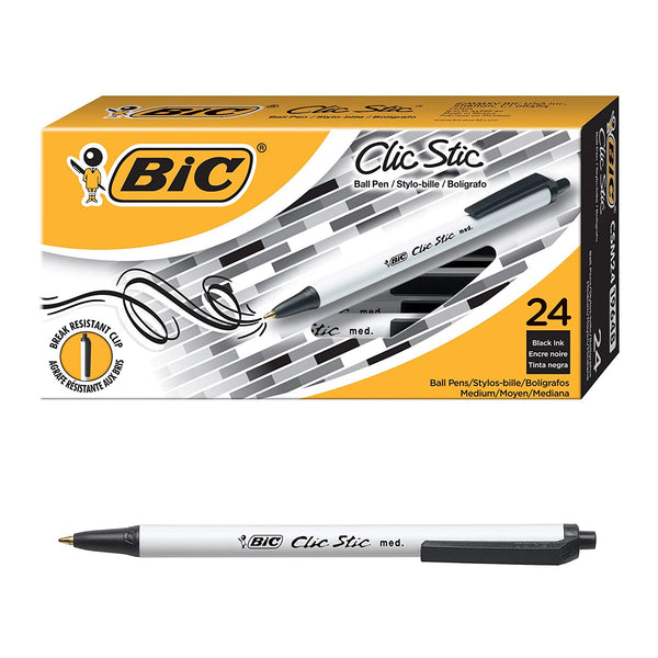 Bolígrafo retráctil BIC Clic Stic, punta media (1,0 mm), negro, 24 unidades