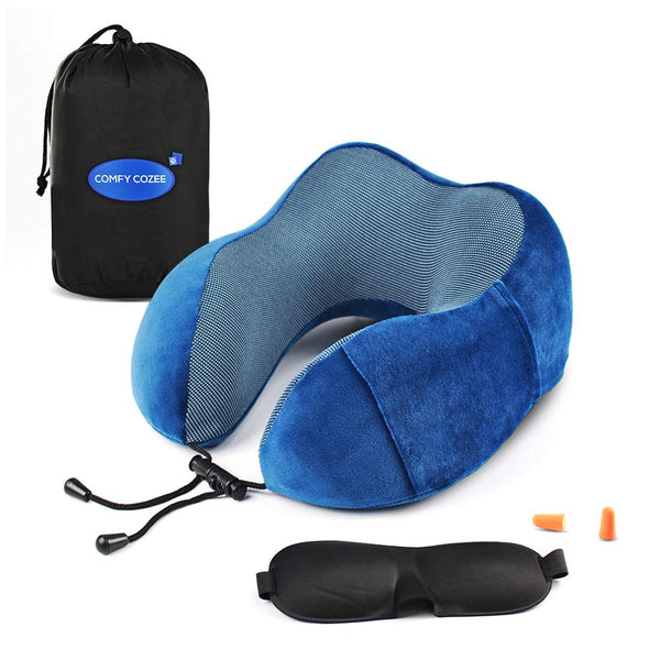 Juego de almohada para el cuello de viaje con espuma viscoelástica con antifaz, tapones para los oídos y bolsa de transporte