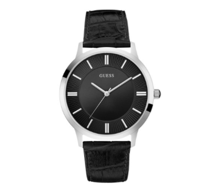 GUESSReloj clásico de cuero negro y plateado para hombre