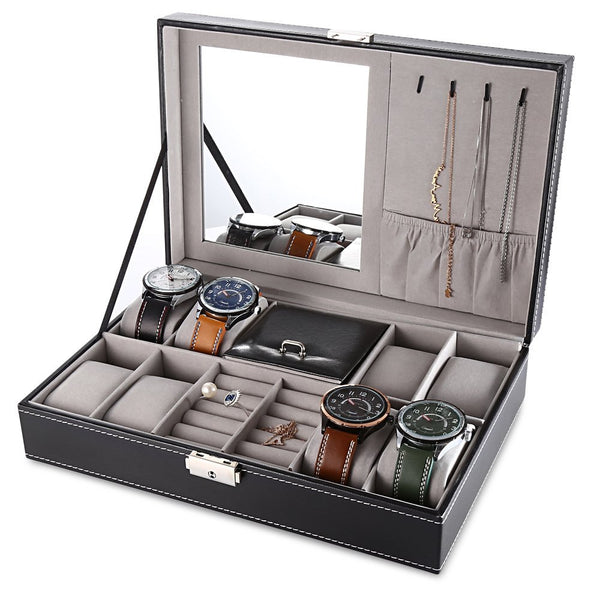 Black Jewelry Box 8 Slots Watch Organizer Case with Lock and Mirror