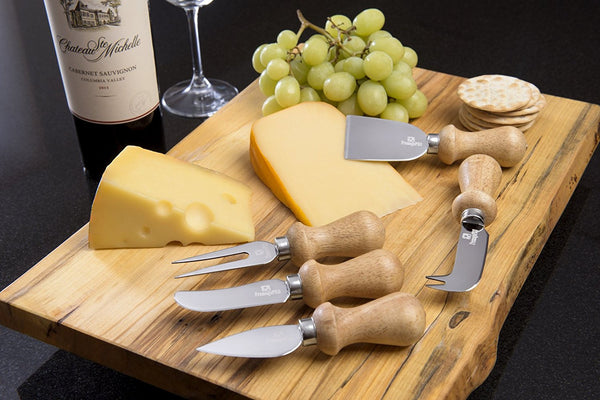 5 piece cheese knives set with acacia wood handles