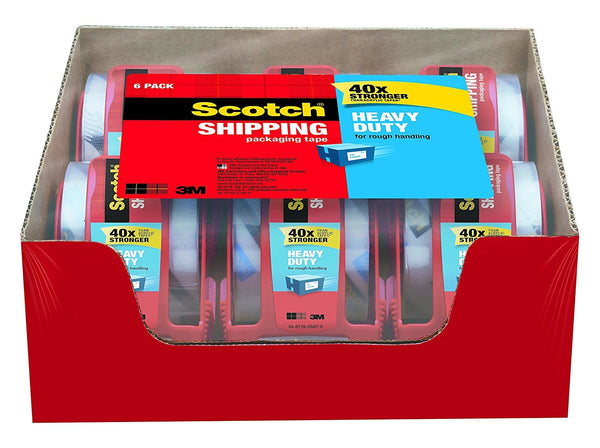 6 rolls of Scotch Heavy Duty shipping packaging tape with dispenser