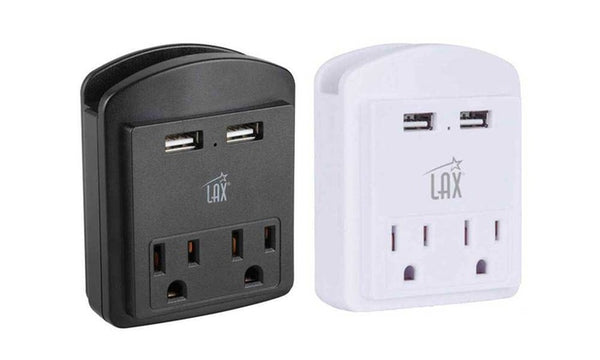 Protector contra sobretensiones de 2 tomas LAX con doble USB y soporte para teléfono (paquete de 1 o 2)