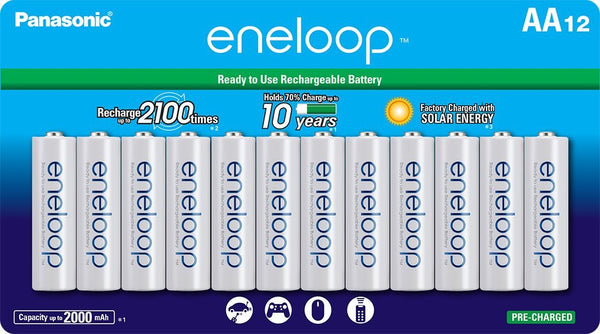 Pack of 12 Panasonic AA Eneloop rechargeable batteries