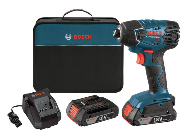 Kit de destornillador de impacto Bosch de iones de litio de 18 voltios con 2 baterías, cargador y bolsa