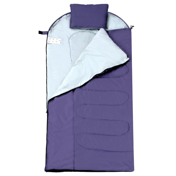 Camping sleeping bag with pillow