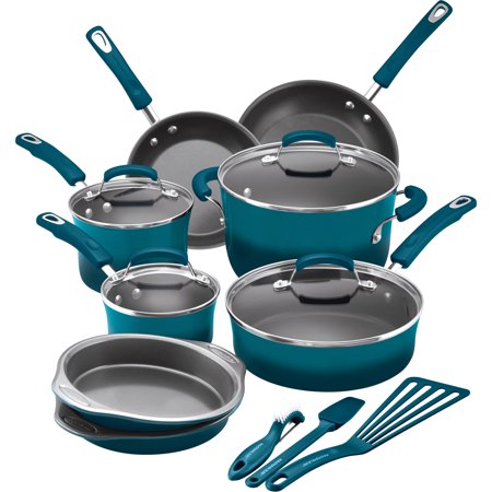 Rachael Ray Juegos de utensilios de cocina antiadherentes de aluminio de 15 piezas (4 colores)