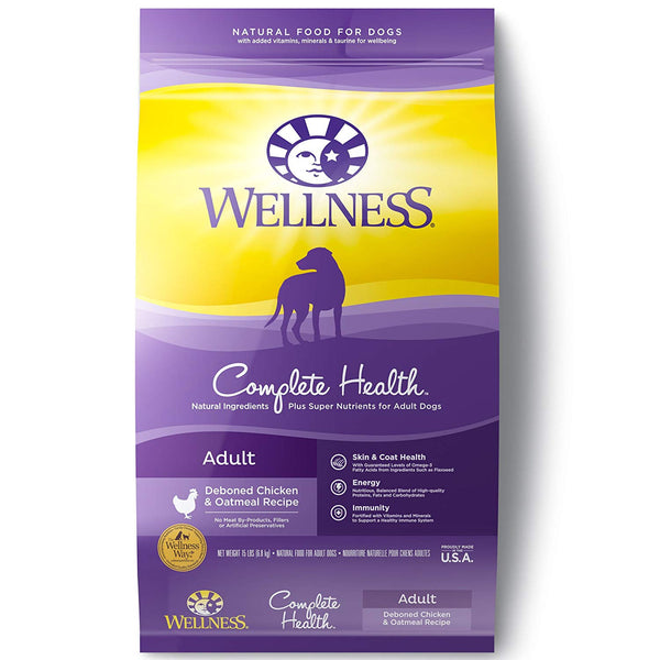 15 libras. Wellness Complete Health Alimento seco natural para perros (pollo y avena)