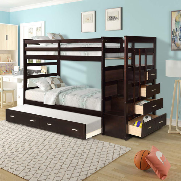 Solid Wood Bunk Bed With Trundle and Staircase