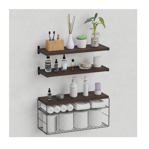 3-Tier Wall Mounted Floating Shelf Set With Adjustable Basket