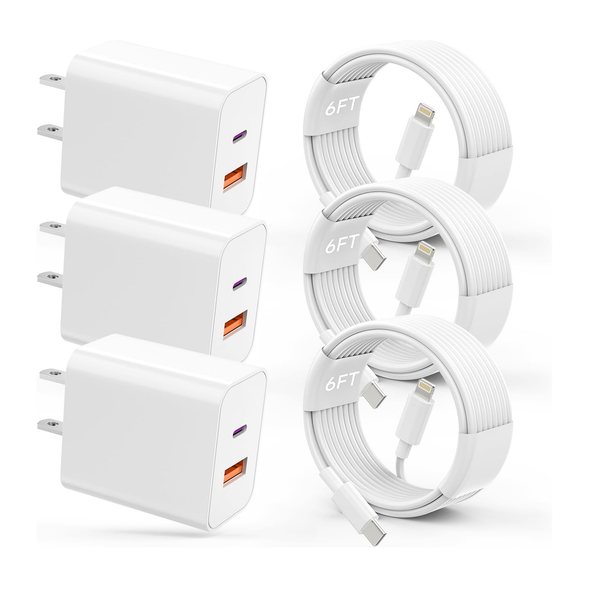 3 Pack 20W Powerful Dual Port Charger Bundle, 6Ft Cable