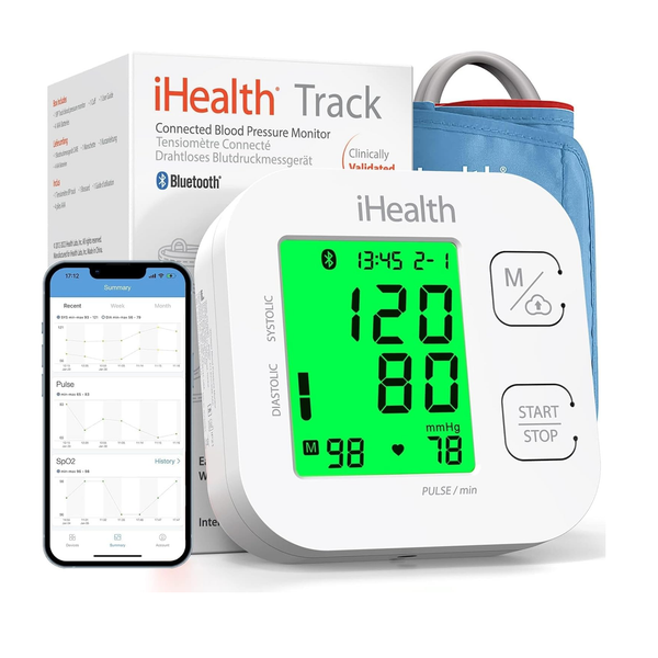 Monitor inteligente de presión arterial de brazo iHealth Track con 4 puños y alertas de ritmo