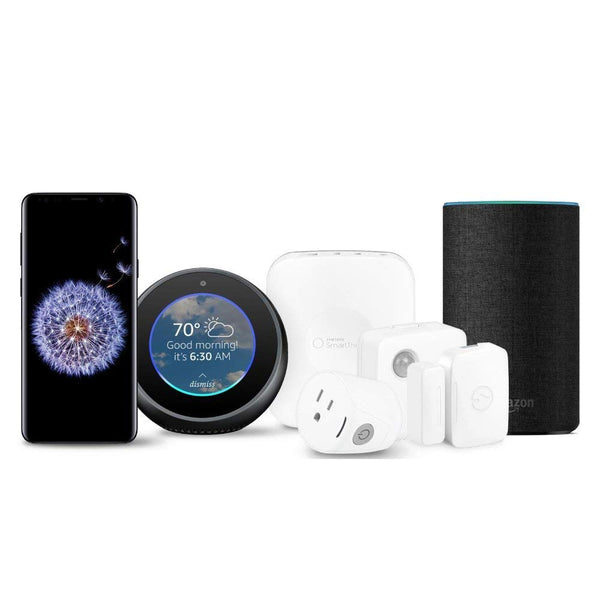 Teléfono inteligente desbloqueado Samsung Galaxy S9/S9+ con Amazon Echo, Echo Spot y kit de monitoreo de hogar inteligente Samsung