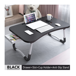 Folding Lap Desk, Wood Laptop Table w/ iPad Slot, Cup Holder, Drawer & Anti-Slip