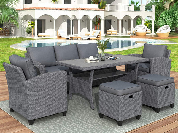 6-Piece Outdoor Patio Furniture Sets With Rattan 3-Seater Sofa