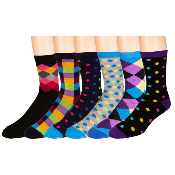 Men's Pattern Dress Funky Fun Colorful Socks 6 Pk Assorted Patterns