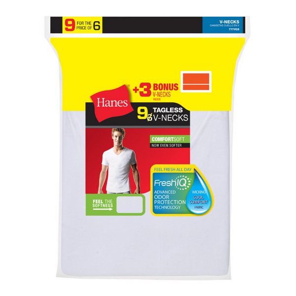 Pack Of 9 Hanes Men’s Tagless ComfortSoft White V-Neck Undershirts (Large Or XL)