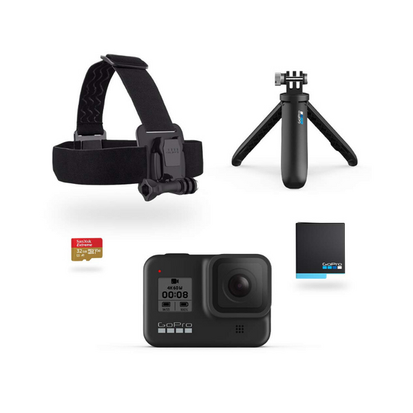 GoPro HERO8 Black With Shorty Pole, Head Strap, 32GB SD Card, And 2 Rechargeable Batteries