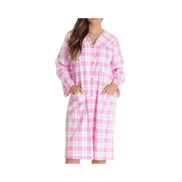 Women’s Snap-Front House Coat Flannel Duster Robe with Pockets (8 Colors)