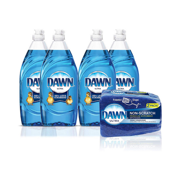 Paquete de 4 19 oz. Jabón para platos ultra líquido Dawn + esponja Dawn de 2 unidades