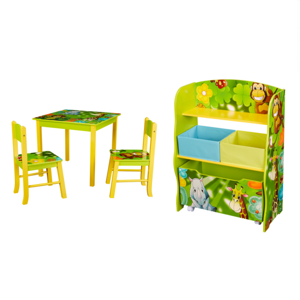 Organizador Infantil Jungle De 2 Estantes Con Caja De Almacenamiento Y Mesa Con 3 Sillas En Oferta