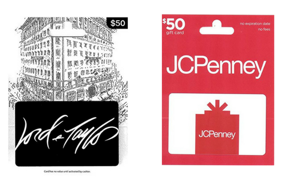 Tarjetas de regalo de $50 Lord &amp; Taylor o JCPenny por $40