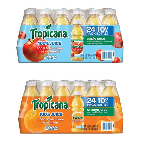 24 botellas de jugo de manzana o naranja Tropicana