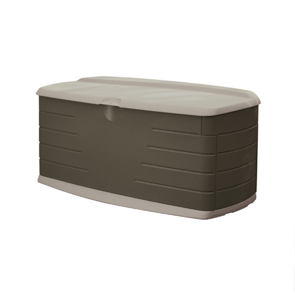 Caja grande de resina para terraza Rubbermaid de 90 galones con asiento