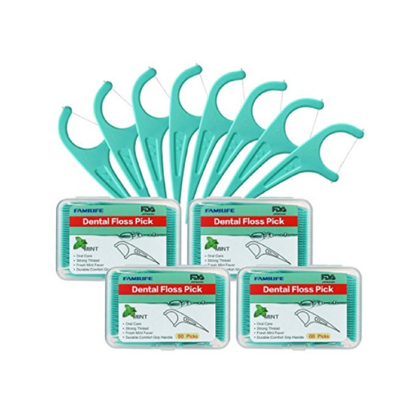 Pack of 240 mint dental floss picks with 4 travel cases