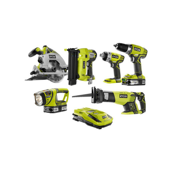 Kit combinado de 6 herramientas inalámbrico Ryobi ONE+ Li-Ion de 18 voltios con 2 baterías y cargador