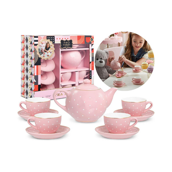 FAO Schwarz Ceramic Tea Party Set for Kids, Pink Polka Dot, 9 Pieces