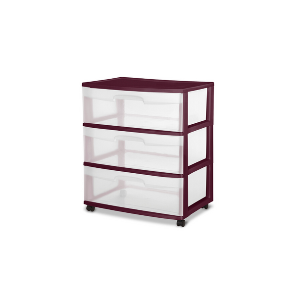 Sterilite 3-Drawer Wide Storage Cart w/ Casters (Burgundy)