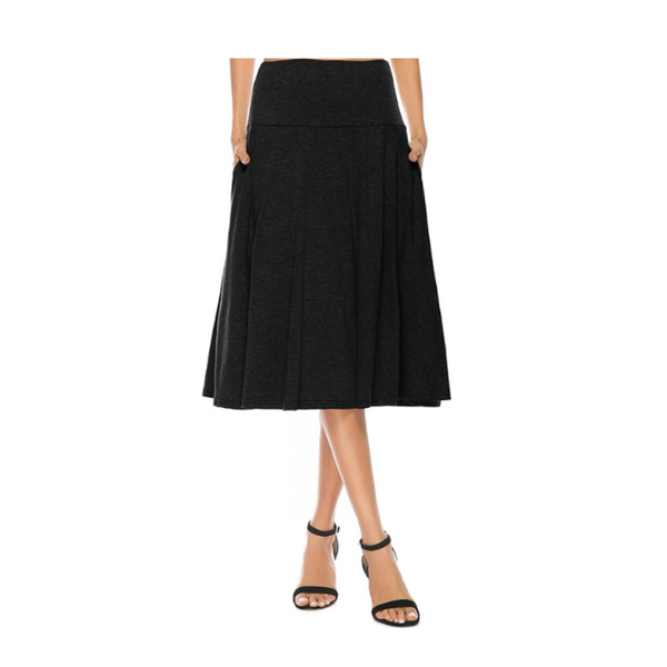 Women's Pocket Basic Solid Stretch Fold-Over Flare Midi Skirt (10 Colors)