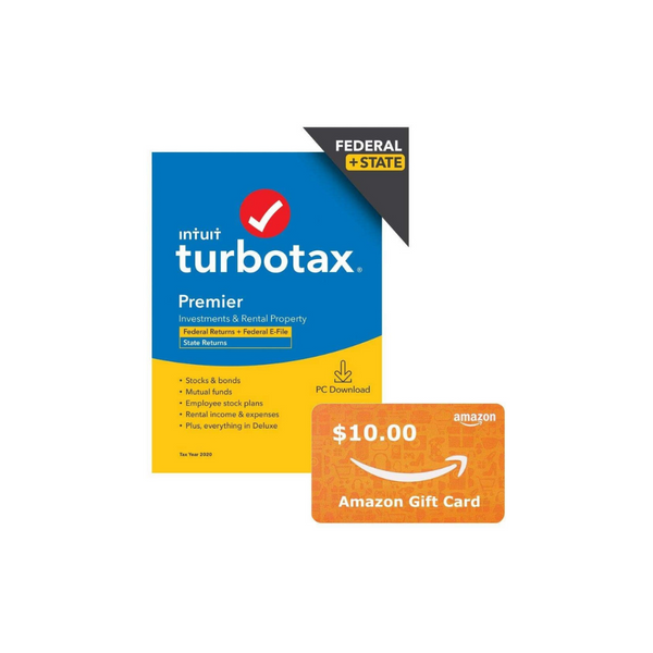 TurboTax Premier 2020 + paquete de tarjeta de regalo de Amazon de $10, software de impuestos de escritorio