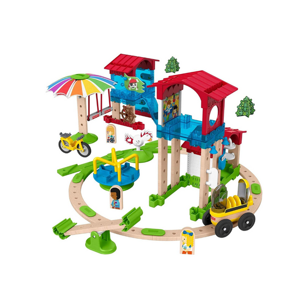 Fisher-Price Wonder Makers Juego de construcción de más de 75 piezas en el patio escolar con tobogán y paseo