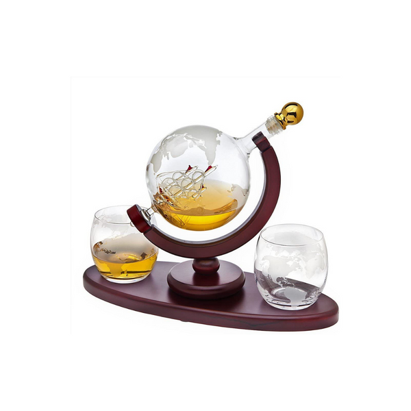 Whisky Decanter Globe Set con 2 vasos de whisky Globe grabados