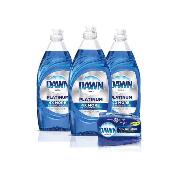 3 Bottles Of 24oz Dawn Platinum Dishwashing Liquid Dish Soap + 2 Non-Scratch Sponges