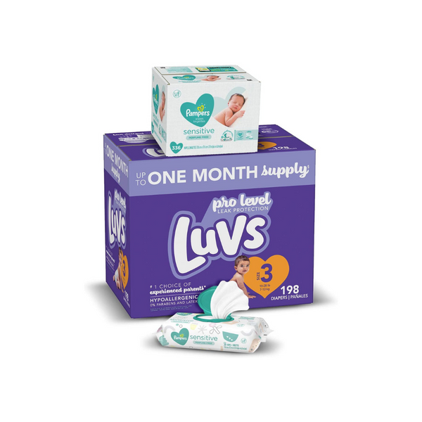 Caja de pañales Luvs y caja de toallitas sensibles Pampers (todos los tamaños)