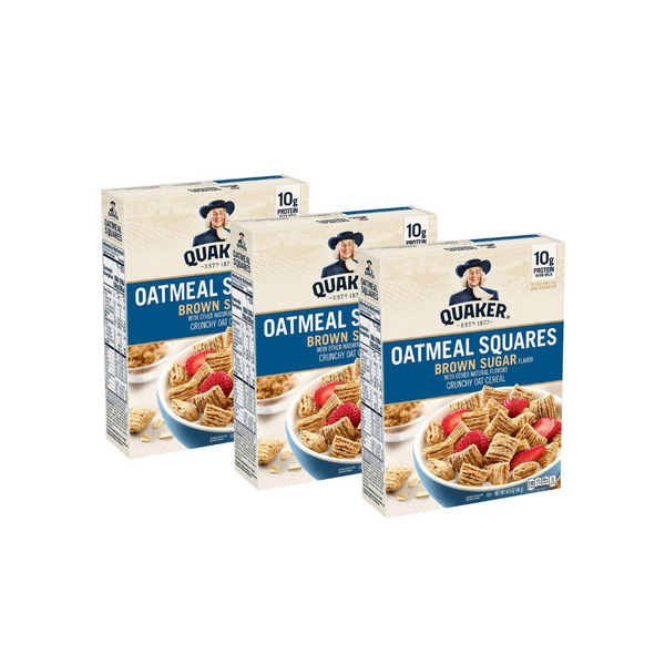 3 cajas de cereal de desayuno Quaker Oatmeal Squares, azúcar moreno