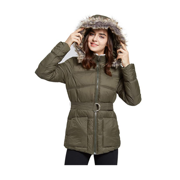 Chaqueta acolchada cálida con cremallera y capucha de piel para mujer (4 colores)