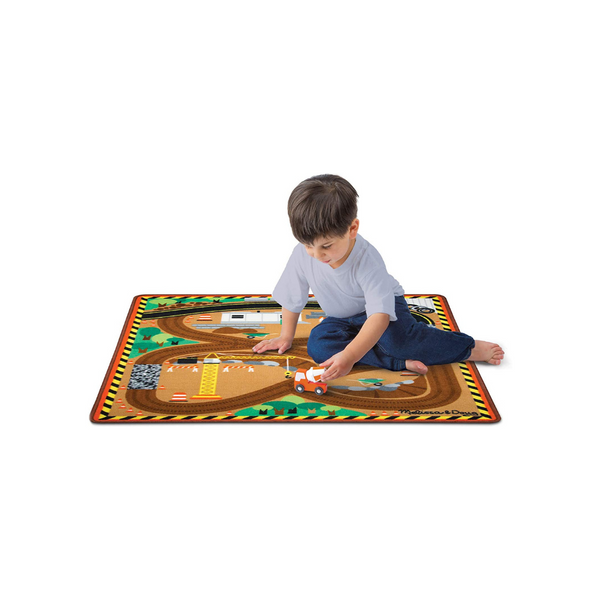 Melissa & Doug Round The Construction Zone Work Site Rug With 3 Wooden Trucks