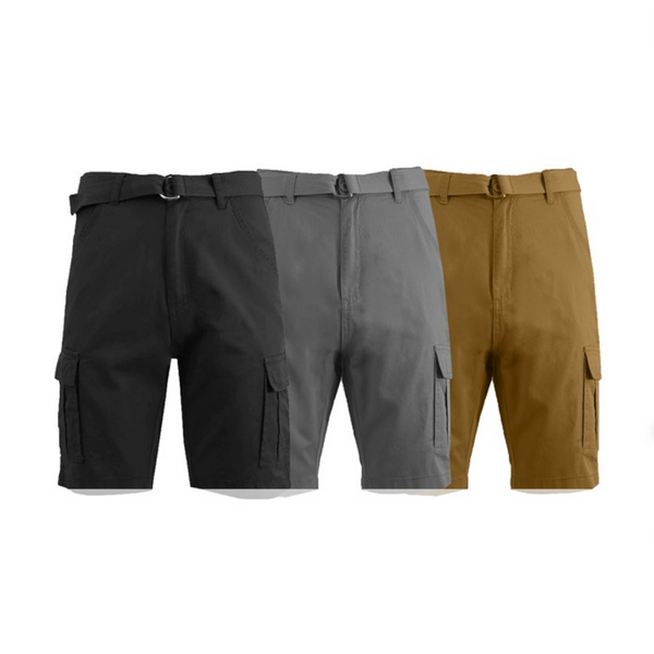 3 Men's Classic Belted Cotton Cargo Shorts