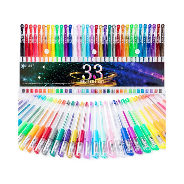 Juego de 33 bolígrafos de gel de colores.