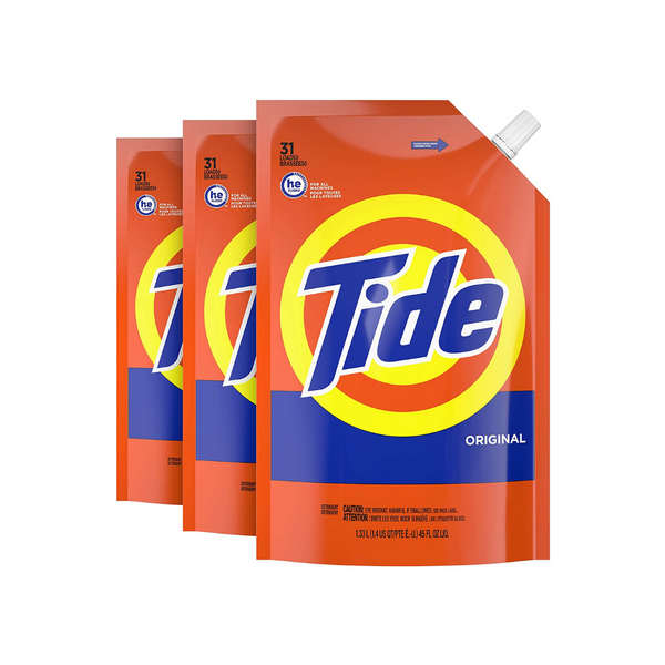 3 bolsas de jabón y detergente líquido para ropa Tide