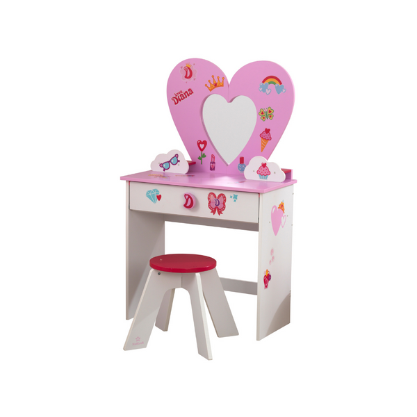 KidKraft Love Juego de tocador de madera con forma de corazón, taburete y espejo