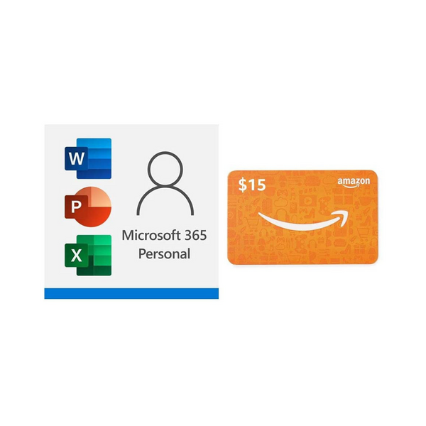 Suscripción de renovación automática de 12 meses a Microsoft 365 Personal con tarjeta de regalo de Amazon.com de $15